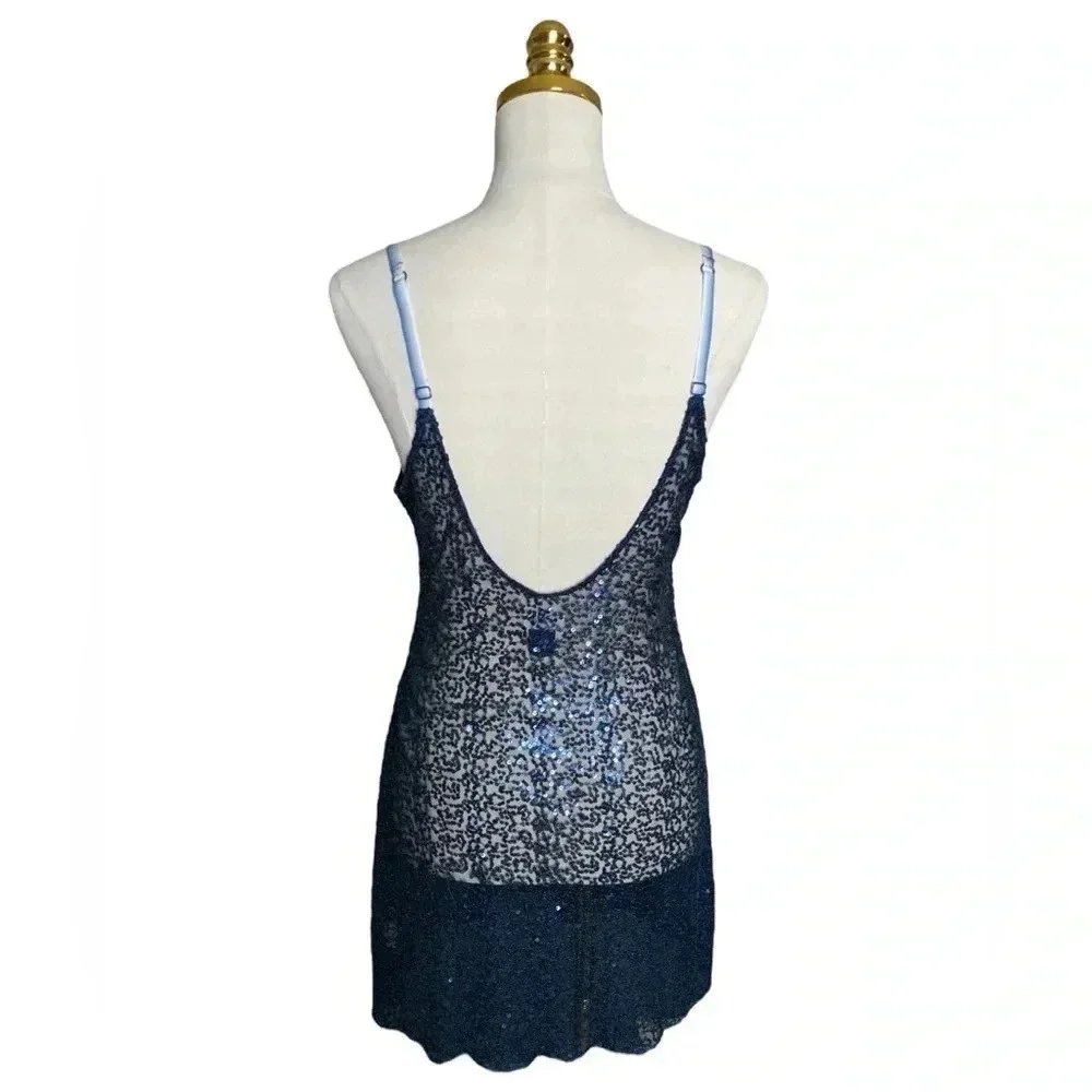 FREE PEOPLE | Intimately Blue Sparkly Sequin Embroidered Slip Mini Dress Size L